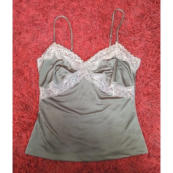 VTG Express Green Satin Lace Trim Babydoll Cami Cropped Tank Top Size Small Y2K - Picture 1 of 9